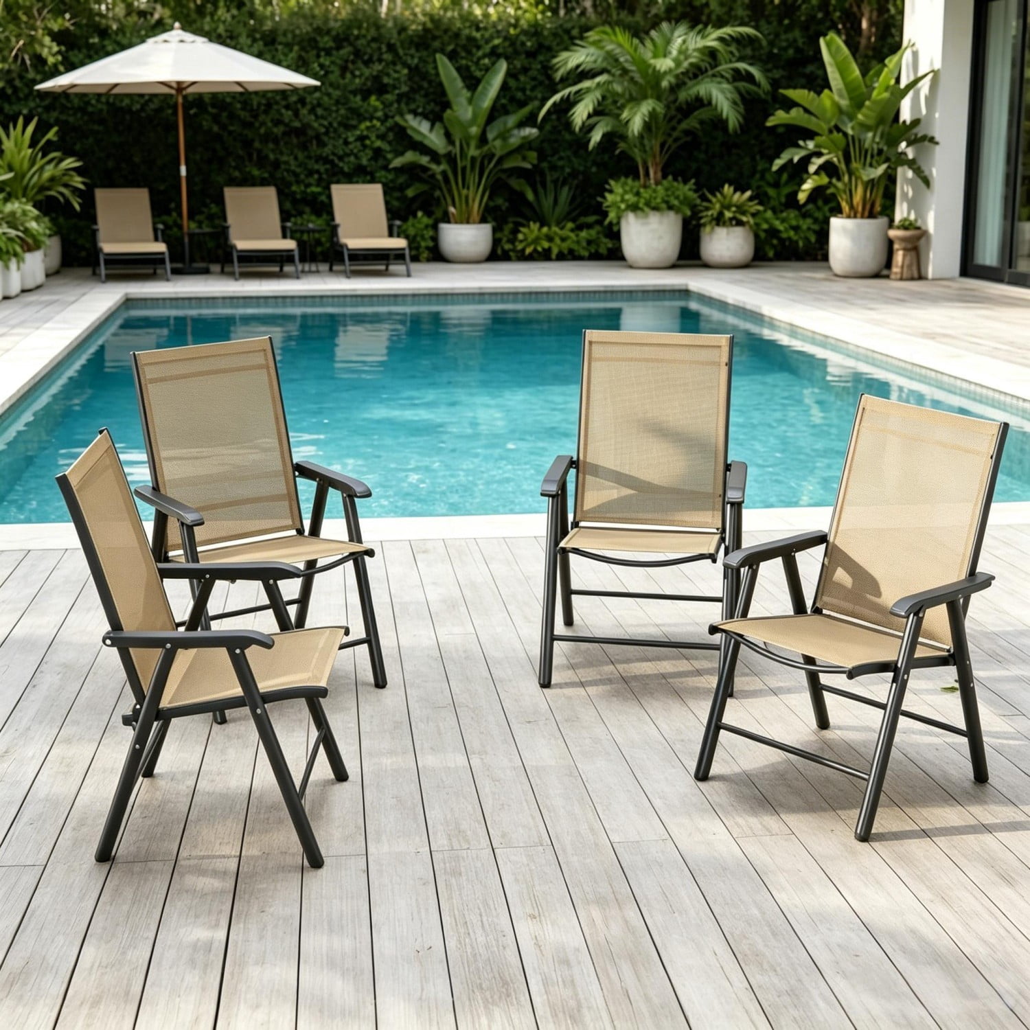 Outdoor Folding Chairs Set of 4, Portable Lawn Chairs with Breathable Sling Mesh, Powder-Coated Steel Frame, Armrests for Camping, Patio, Beach, Events, Black & Brown