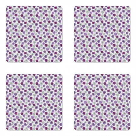 

Floral Coaster Set of 4 Vintage Colors Pattern with Blossoming Flowers Spring Season Bouquet Square Hardboard Gloss Coasters Standard Size Lavender Purple Grey by Ambesonne