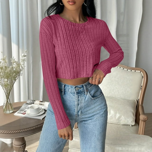 BLCHUNen Hauts Courts pour Femmes en Tricot Côtelé Léger à Manches Longues Chemises Décontractées Col Rond Chandail Blouses d'Automne