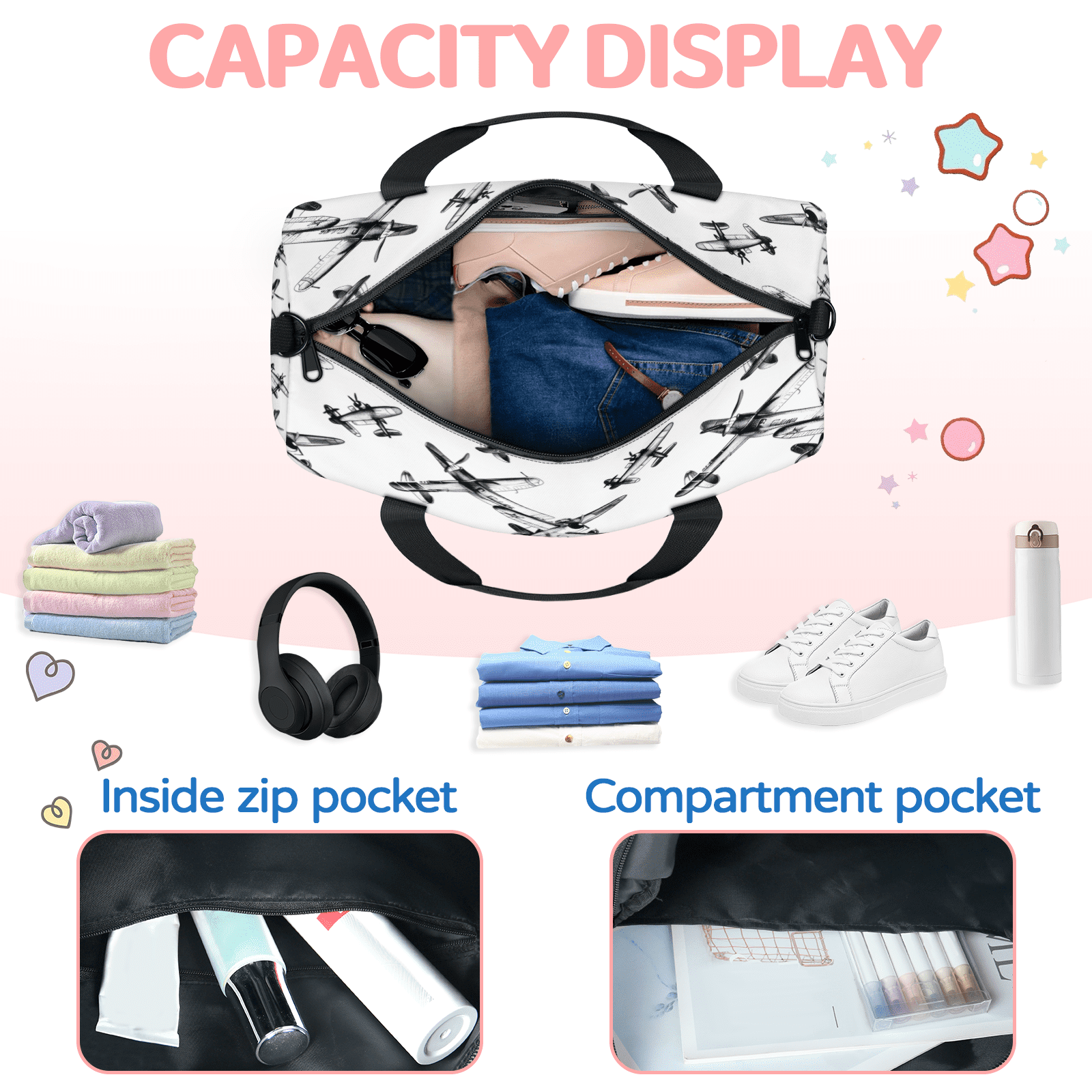 Herdesigns Airplane Pattern Travel Duffle Bag Sports Yoga Weekender Overnight Carry on Workout Bags Lightweight Waterproof Gym Tote Bag for Women