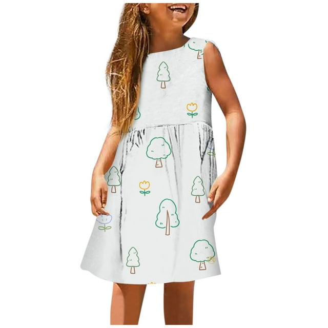 PMVFHDE Robe Fille pour l'Été Mode Fille Mignonne Printemps et Été Imprimée Col Rond Sans Manches Robe Décontractée (5),Argent,11-12
