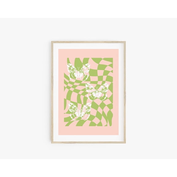 Retro Butterfly Art Y2K Poster Pink Green White Danish Pastel Girls Room Decor, Unframed Paper Poster 8x10in