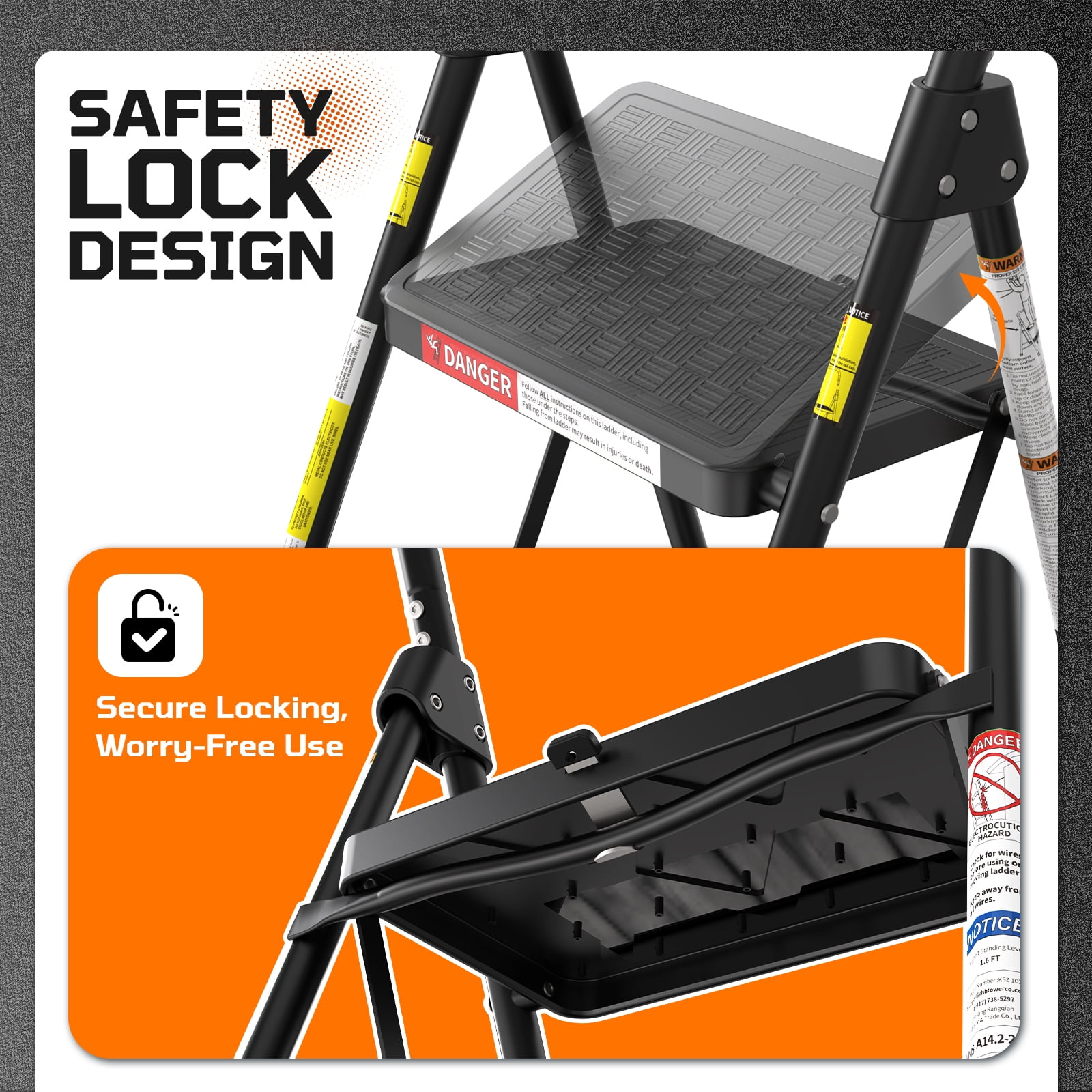 ASoopher 4 Step Ladder with Anti-Slip Pedal, Sturdy Steel Ladder, Black