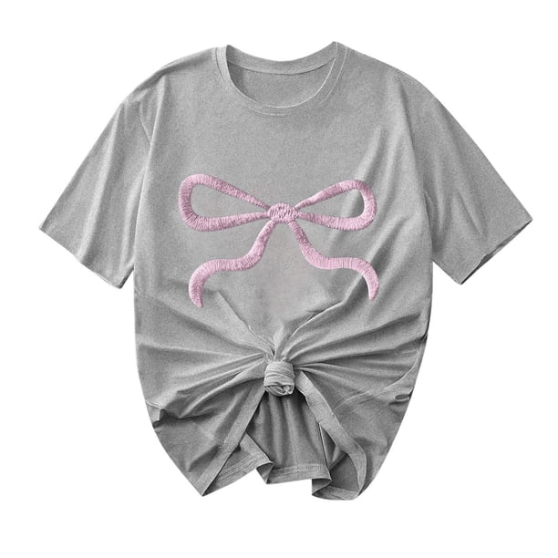 Primavera Top Mujeres Moda Casual Nueva Cinta de Arco Impresa Cuello Redondo Camiseta de Manga Corta, Camiseta de Cuello Tripulado