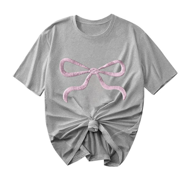 Primavera Top Mujeres Moda Casual Nueva Cinta de Arco Impresa Cuello Redondo Camiseta de Manga Corta, Camiseta de Cuello Tripulado
