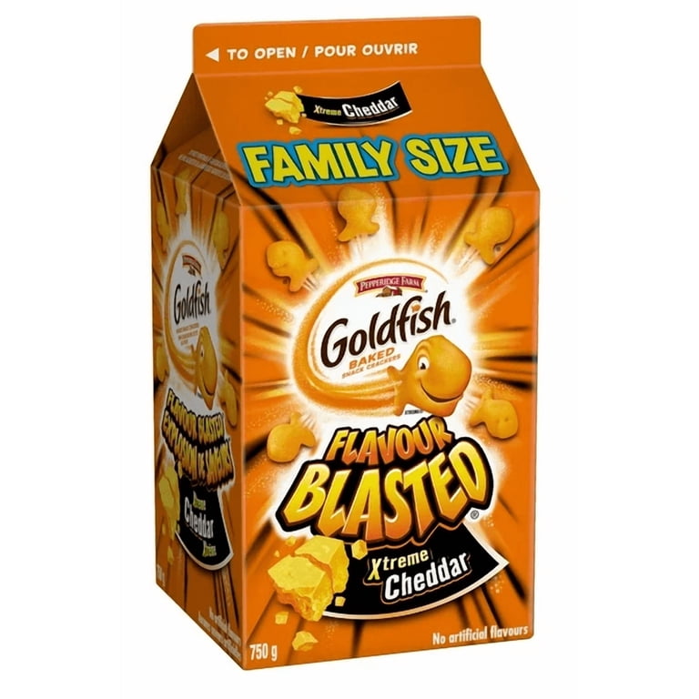 biggest box of extrea chedder gold fish Goldfish Flavor Blasted Xtra Cheddar Cheese Crackers, Baked Snack Crackers, 6.6 oz Bag Mega Bites are mega crispy Goldfish Flavor Blasted Xtra Cheddar