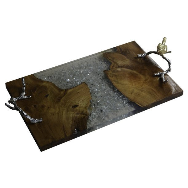 A&B Home Solid Teak Wood Serving Tray Resin Design With Aluminum Branch