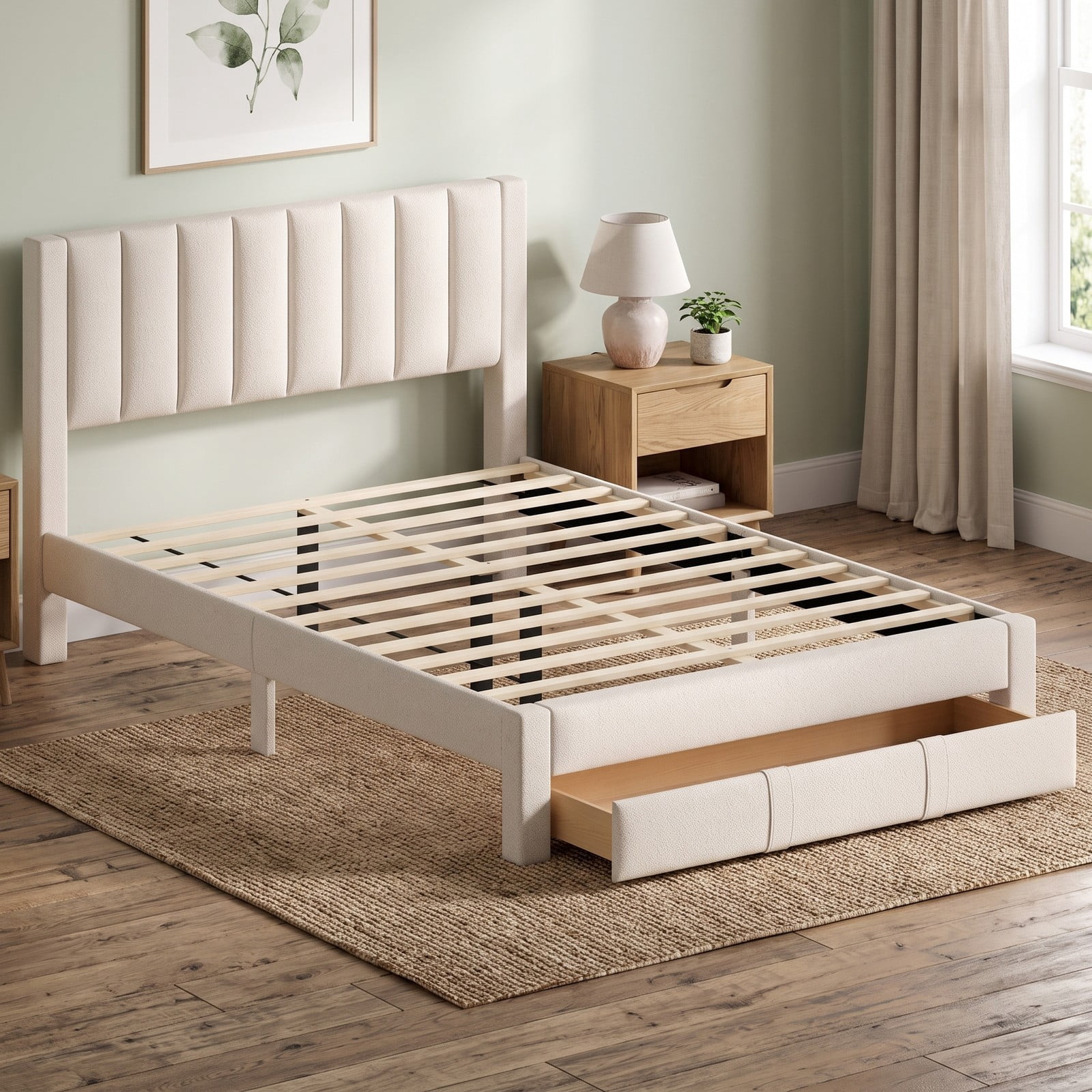 Furnibear Queen Size Bed Frame with Storage, Upholstered Platform Bed Frame with Wingback Headboard and Drawer, Queen Bed Frame No Box Spring, Beige