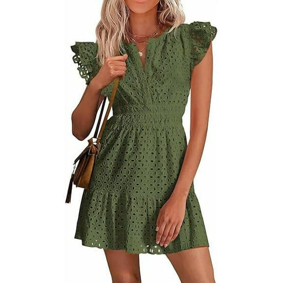 PRETTYGARDEN Women's Summer Sundresses Eyelet Cap Sleeve V Neck Short Boho Wedding Guest Dress Beach Vacation Clothes