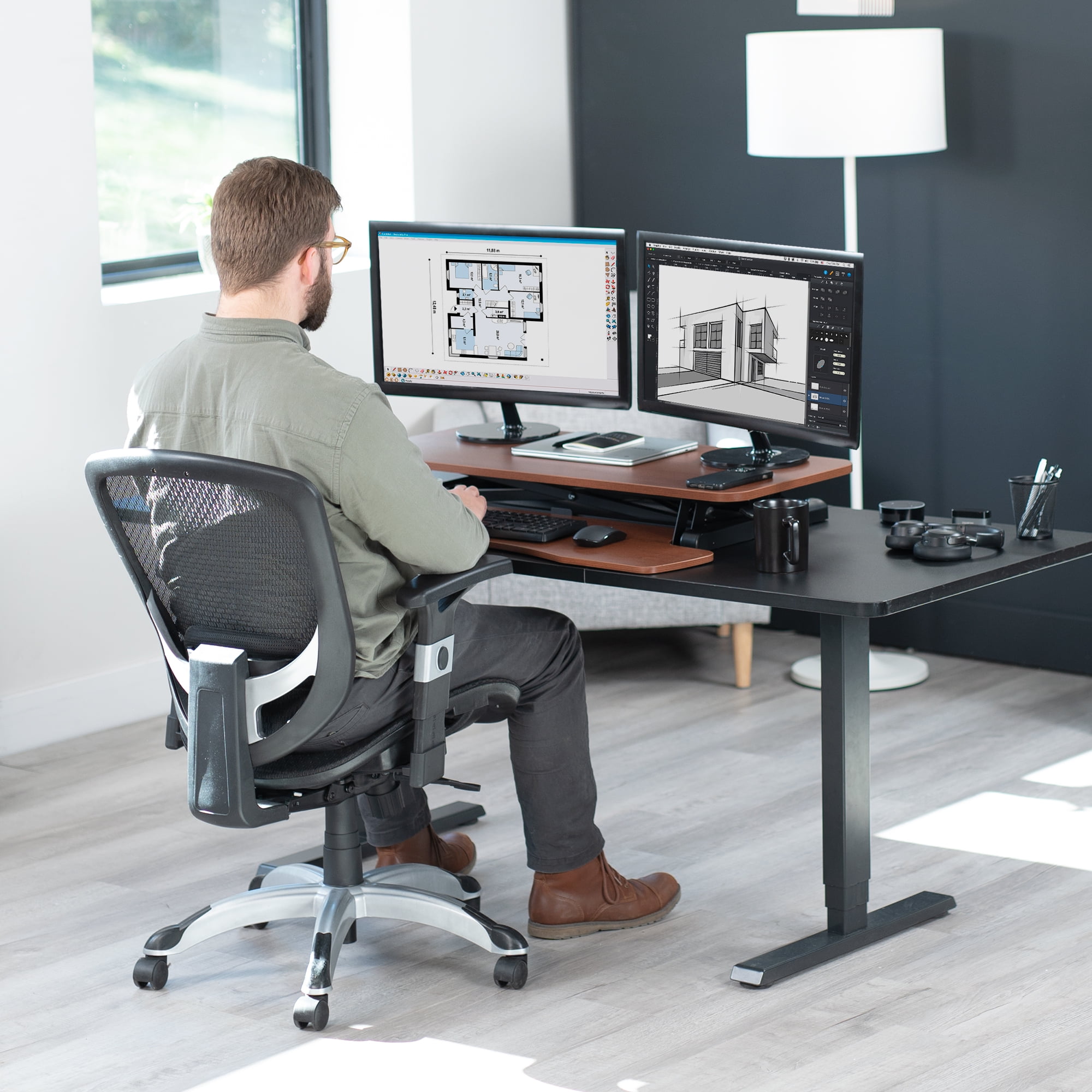 VIVO Dark Walnut Height Adjustable 36" Standing Desk Monitor Riser, Black Frame