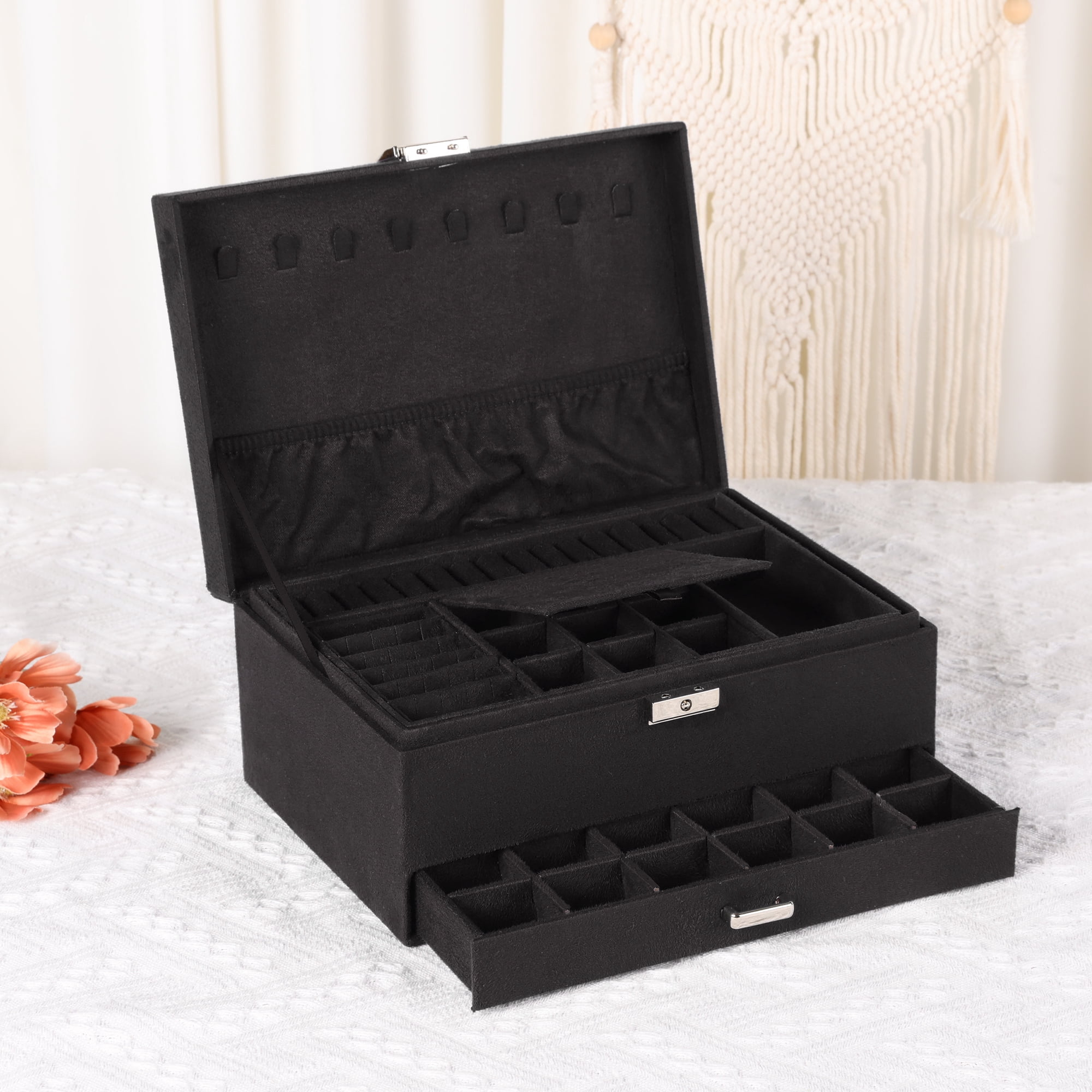 Unique Bargains 3 Layers Jewelry Box Organizer with Drawer Removable Tray Black