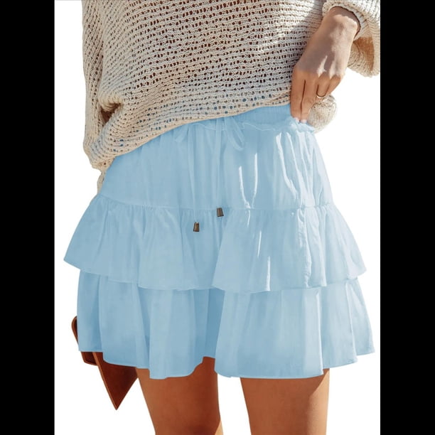 Falda Pantalón Estilo Bohemio con Volantes y para Mujer, Estilo Informal, de Cintura Alta, Color Azul , Talla S