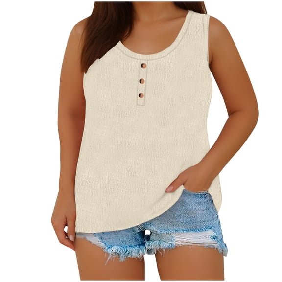 QUINDOS Tank Tops for Women under $5 Summer Basic Beige Pull-over Fashionable Knitted Casual With Round Neck Strap Button Tops Camisoles for Women Plus Size