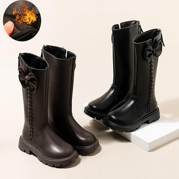 Miluxas Girls Combat Boots Pure Color Fleece Lined Side Zipper Bow Warm Leather Booties Toddler/Little Kid/Big Kid Brown 2.5(37)