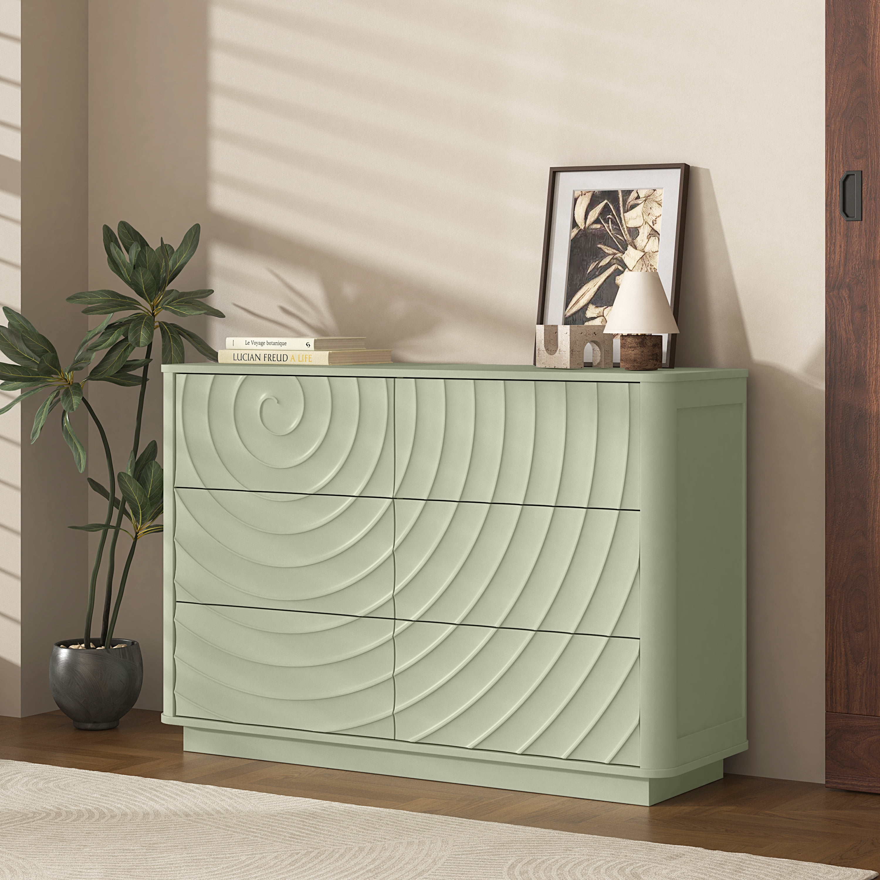 6 Drawer Dresser for Bedroom, 46.5" Wide Modern Large Chest of Drawers with Handle Free & Ripple Design,Wooden Clothes Storage Organizer for Closet, Nursery, Living Room, Apartment, Sage Green