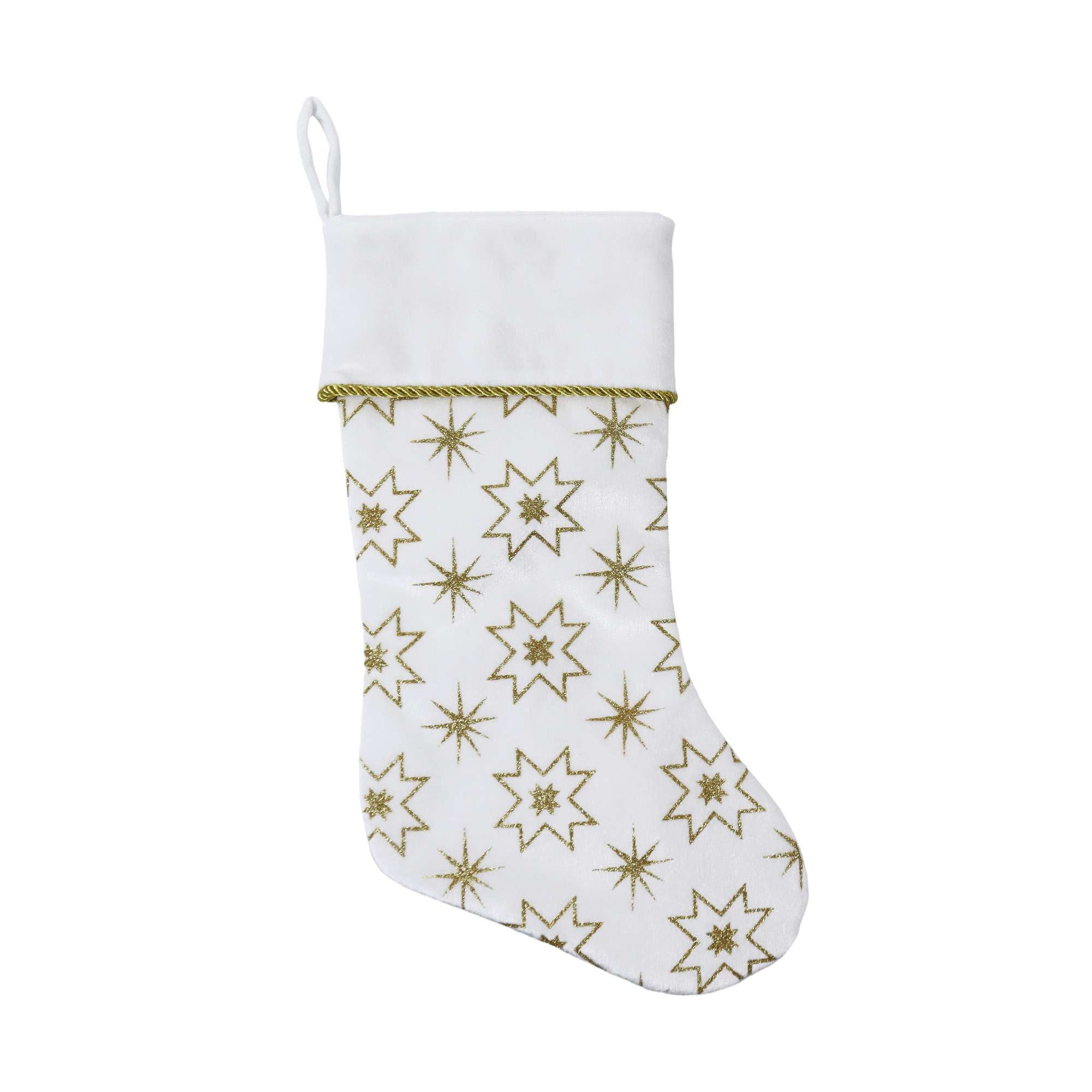 Holiday time Velvet Glitter Stocking,20 inch,white colour, Holiday Time Christmas Stocking,size 20 inch White Velvet material,gold snowflake glitter printing,cuff with gold rope piping,very high-end design,shining and fancy outlook,use for Christmas decoration.