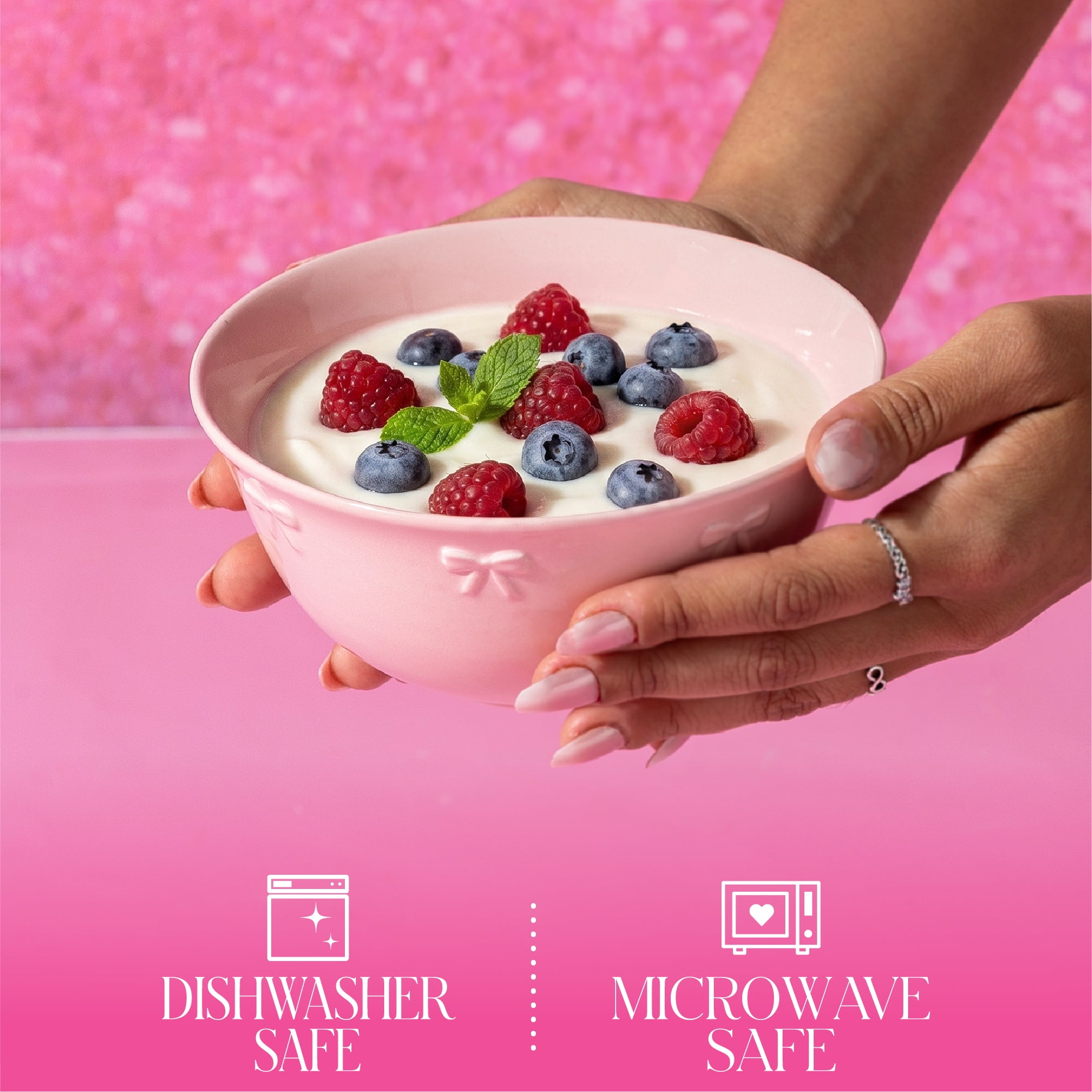 Paris Hilton London Collection 6.25-Inch Ceramic Soup Bowls, Cereal & Snack Bowls, Set of 4, Microwave Safe, Pink with Embossed Bow Detailing