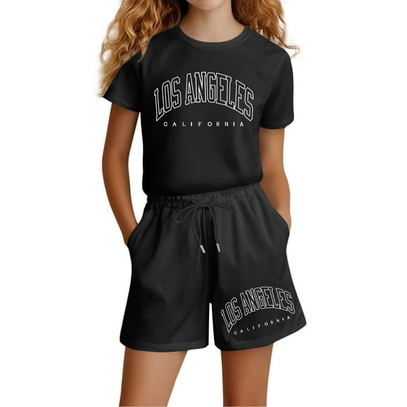 YuYuBao Toddler Girls Outfits Sets Summer Short Sleeve Los Angeles print Tee Shirts Tops And Shorts Pants Pockets kids girls 2 Pcs Outfit, 3-4 Years