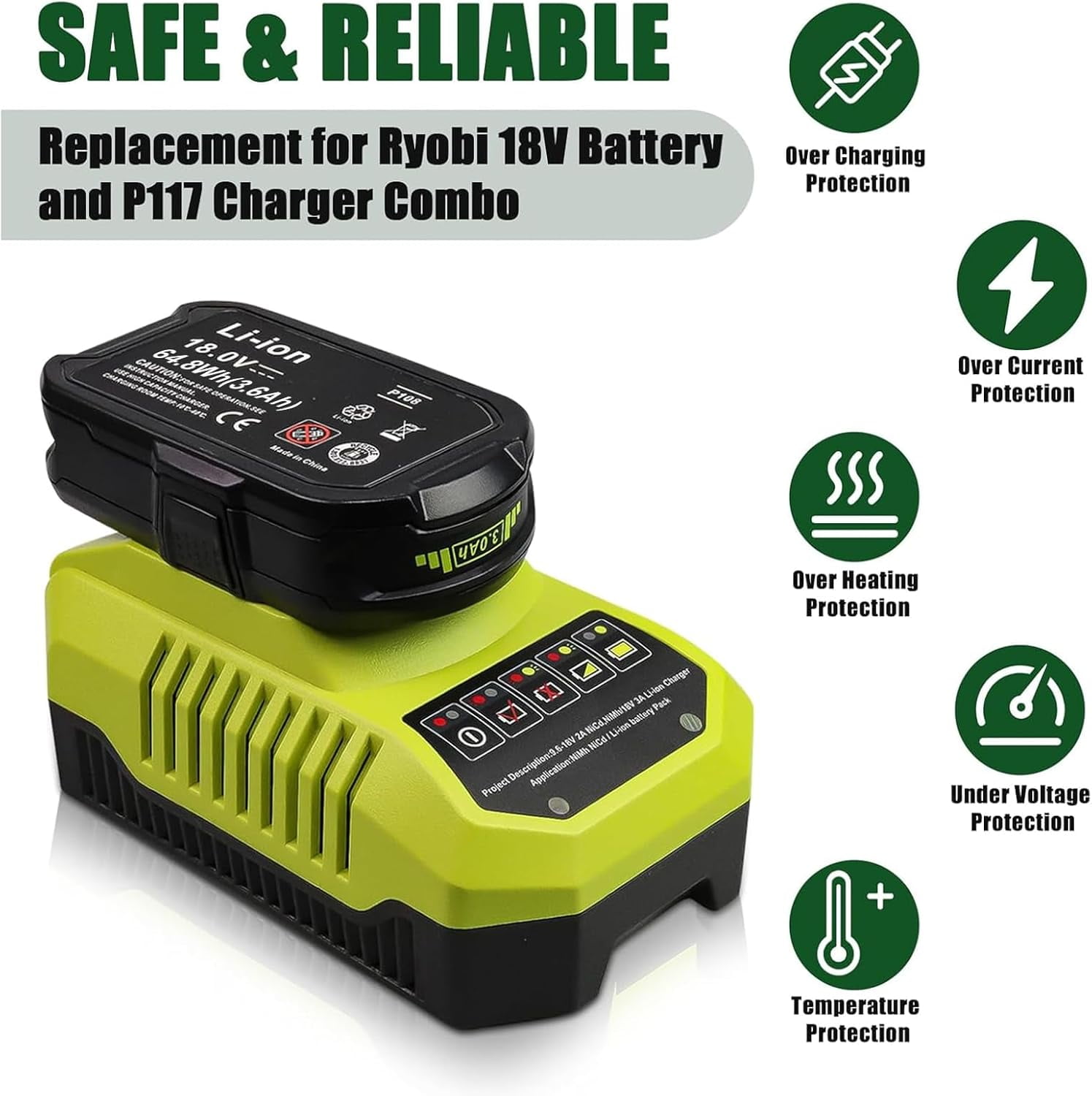 Upgraded 3600mAh Replacement for Ryobi 18V Battery (2-Pack) with Charger Combo Compatible with Ryobi 18V Battery 3.6Ah P108 P102 P103 P104 P105 P107 P109 P122 Power Tools & Charger P117 P118