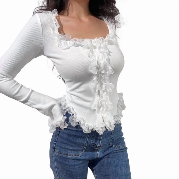 Women'S Long Bell Sleeve Button Down Ruffle Crop Shirt Top Blouses White L