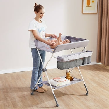 BENTISM Baby Changing Table Folding Diaper Changing Station with  Lockable Wheels Portable Folding Diaper Changing Station, Grey