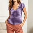 thumbnail image 6 of Feancey Pajama Tops for Women Deep V Neck Striped Casual T-Shirts Cotton Short Sleeve Lightweight Tees Cozy Soft Summer Basic Tee Top Purple XL, 6 of 8
