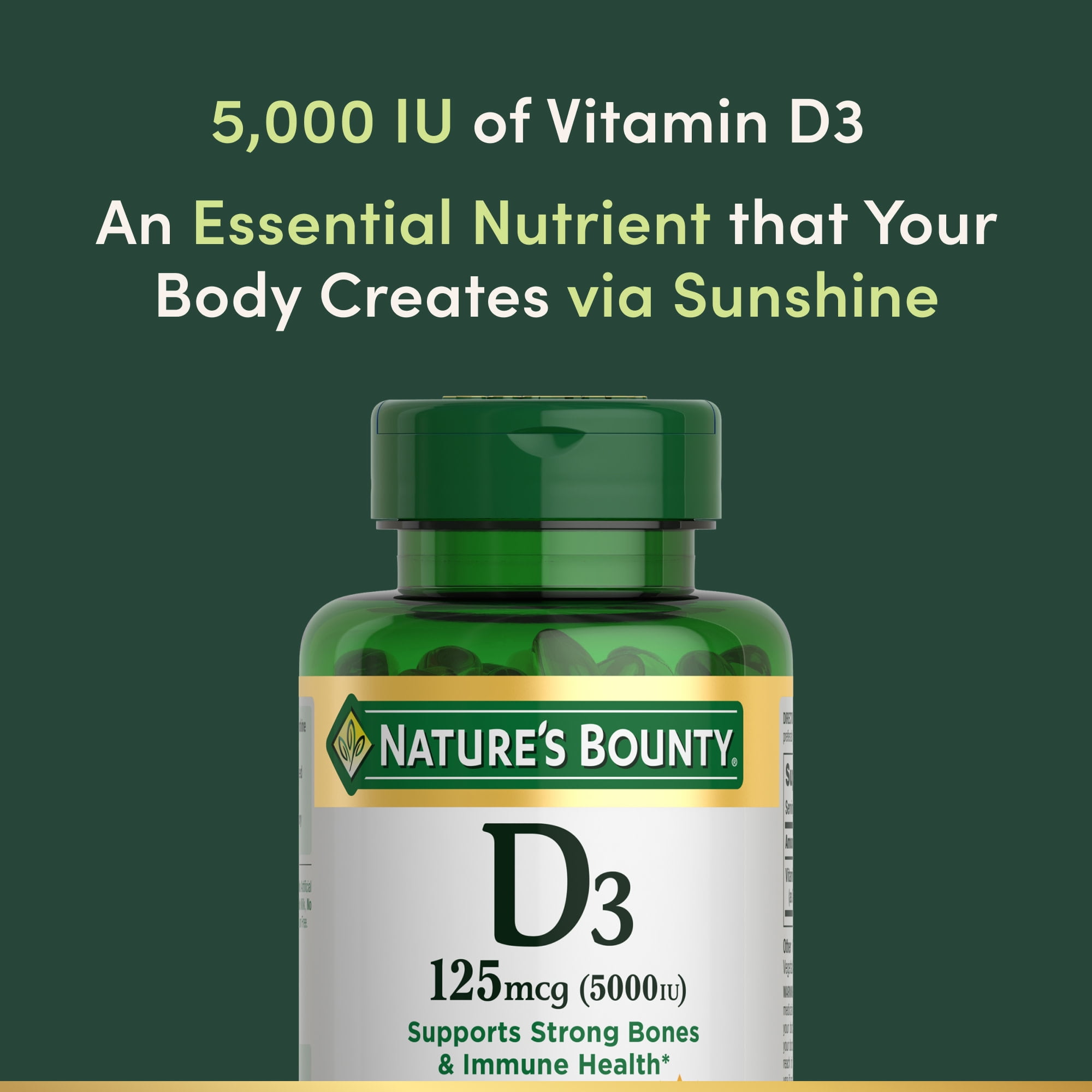 Nature's Bounty Vitamin D3 Cholecalciferol 125 mcg 5000 IU Softgels, Immune & Bone Health Support, High Potency, 150 Count