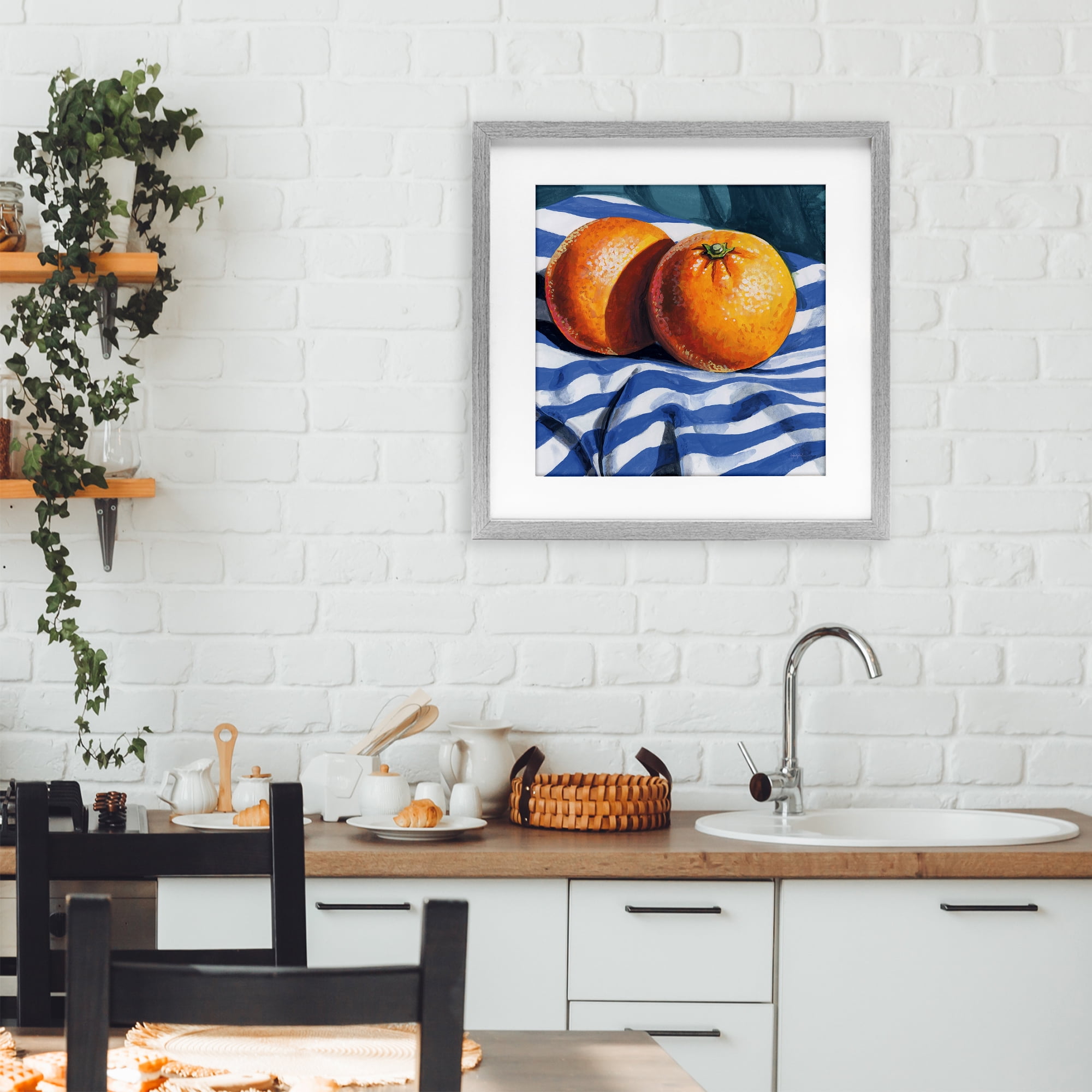 Stupell Industries Oranges On Striped Cloth Gray Framed Print Under Glass, design by Kate Jarvik Birch