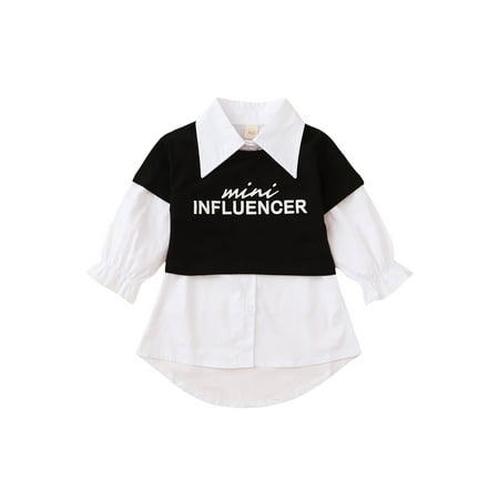 

EYIIYE Infant Girls Skirt Suit Long Sleeve Lapel Collar Shirt with Round Neck Short Sleeve Shirt Top 1-5 Years