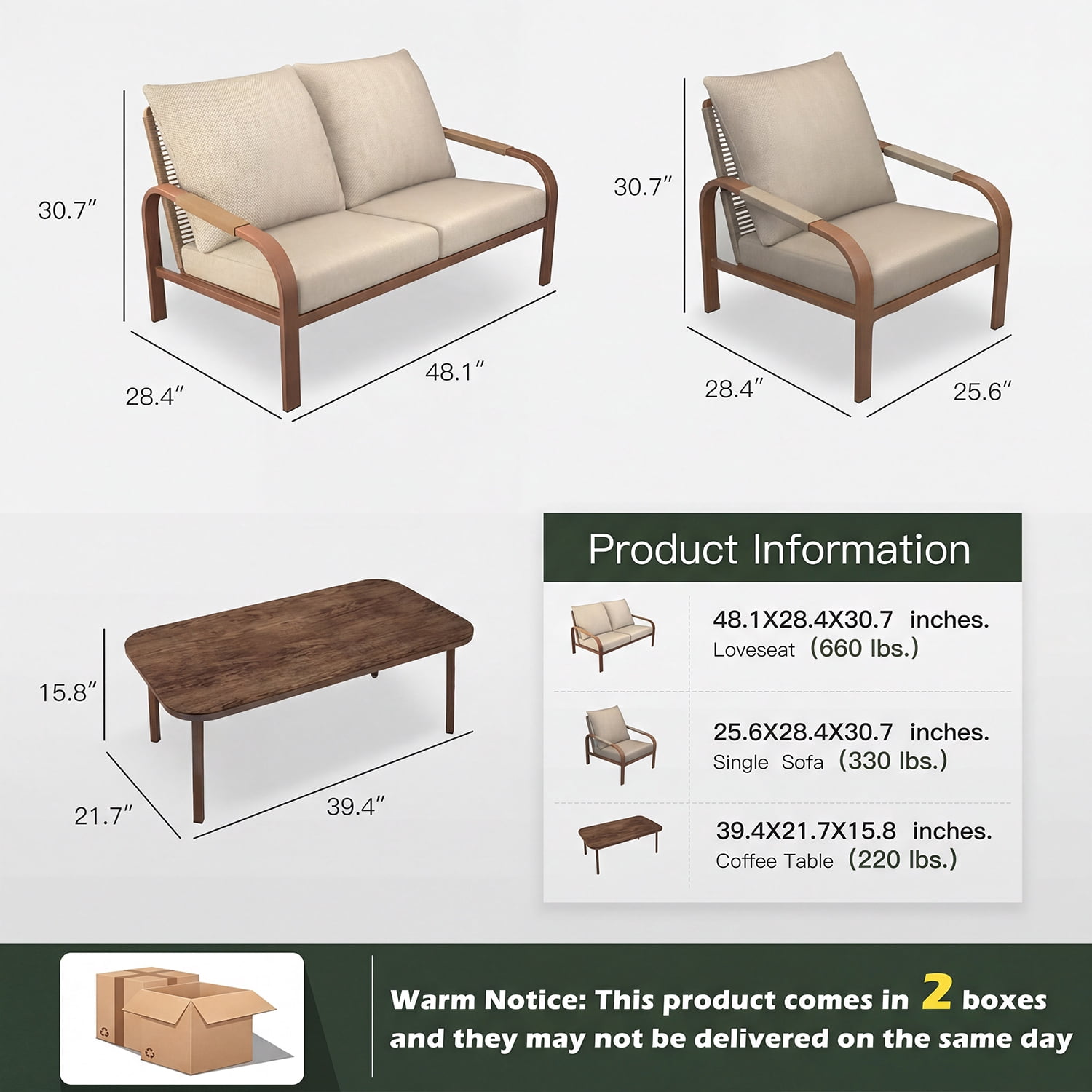 4-Piece Aluminum Outdoor Sectional Furniture Set with Sofa, Cushions and Coffee Table