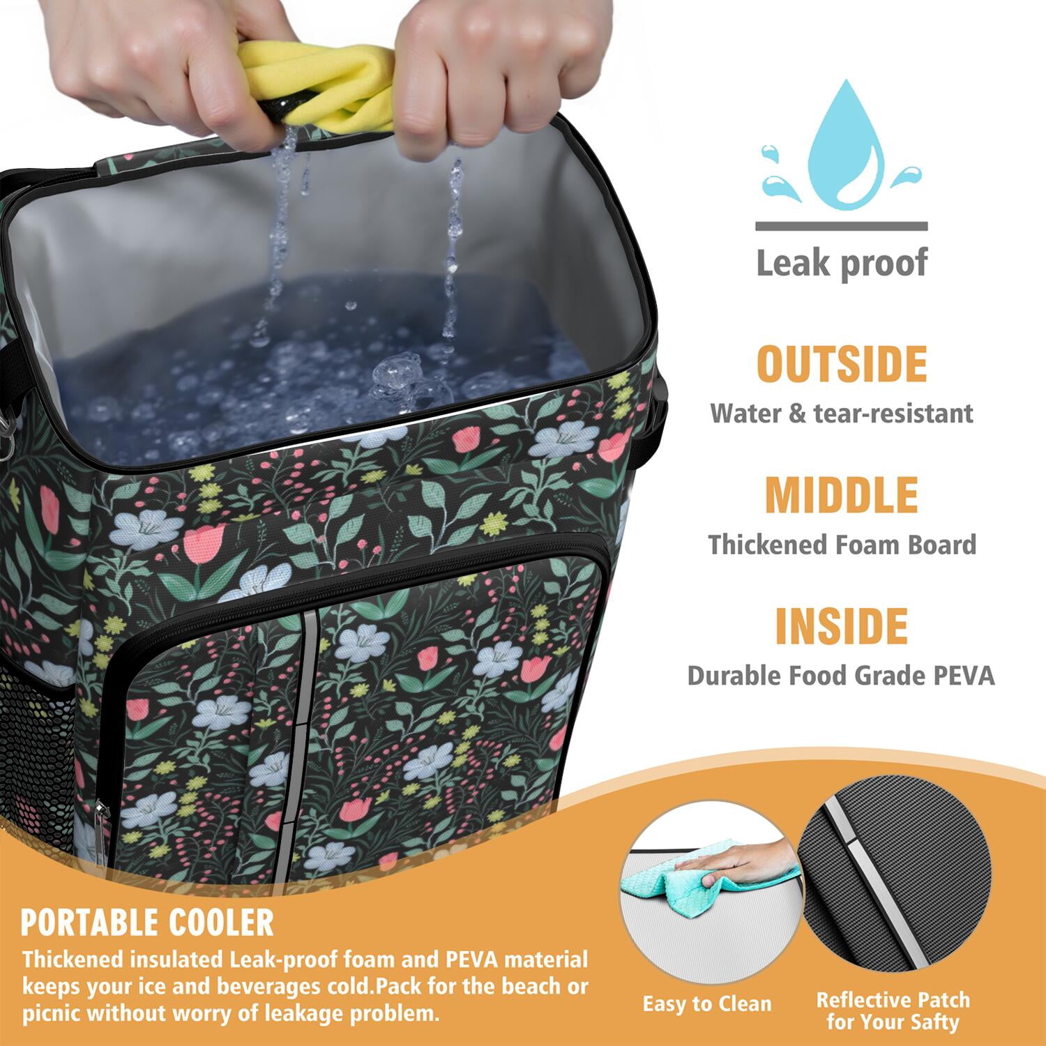 Travel Cooler Bag - Pioneer Flower Floral Print Pattern Camping Beer Cooler Backpack with Bottle Opener- Waterproof Insulated Picnic Backpacks - Cooler Bag for Beach