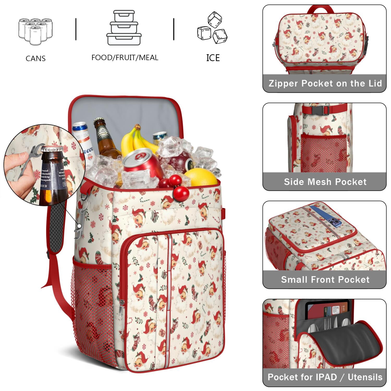Travel Cooler Bag - Beige Christmas Santa Pattern Camping Beer Cooler Backpack with Bottle Opener- Waterproof Insulated Picnic Backpacks - Cooler Bag for Beach