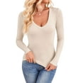 thumbnail image 3 of Long Sleeve Shirts for Women Fall Fashion V Neck Basics Crop Tops Slim Fitted Y2K Tops Outfits Clothes Oatmeal Color S, 3 of 9