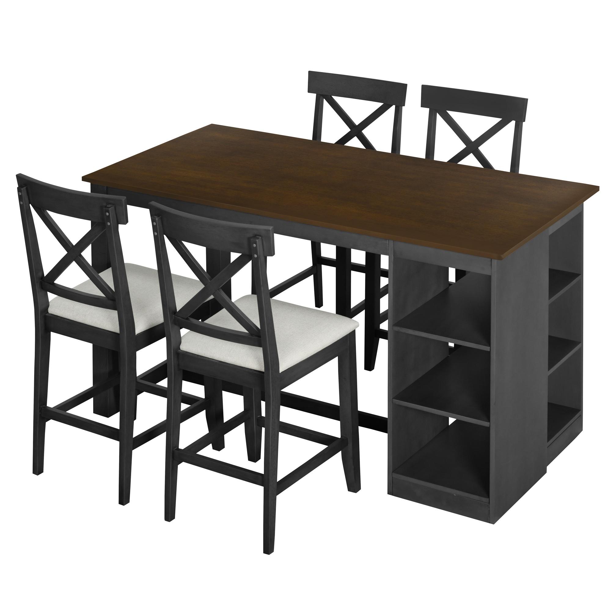 PORKISS 5 Piece Dining Table Set, Solid Wood Dining Table with 3-tier Storage Shelves, 4 Upholstered Chairs for Dining Room Kitchen Apartment, Gray