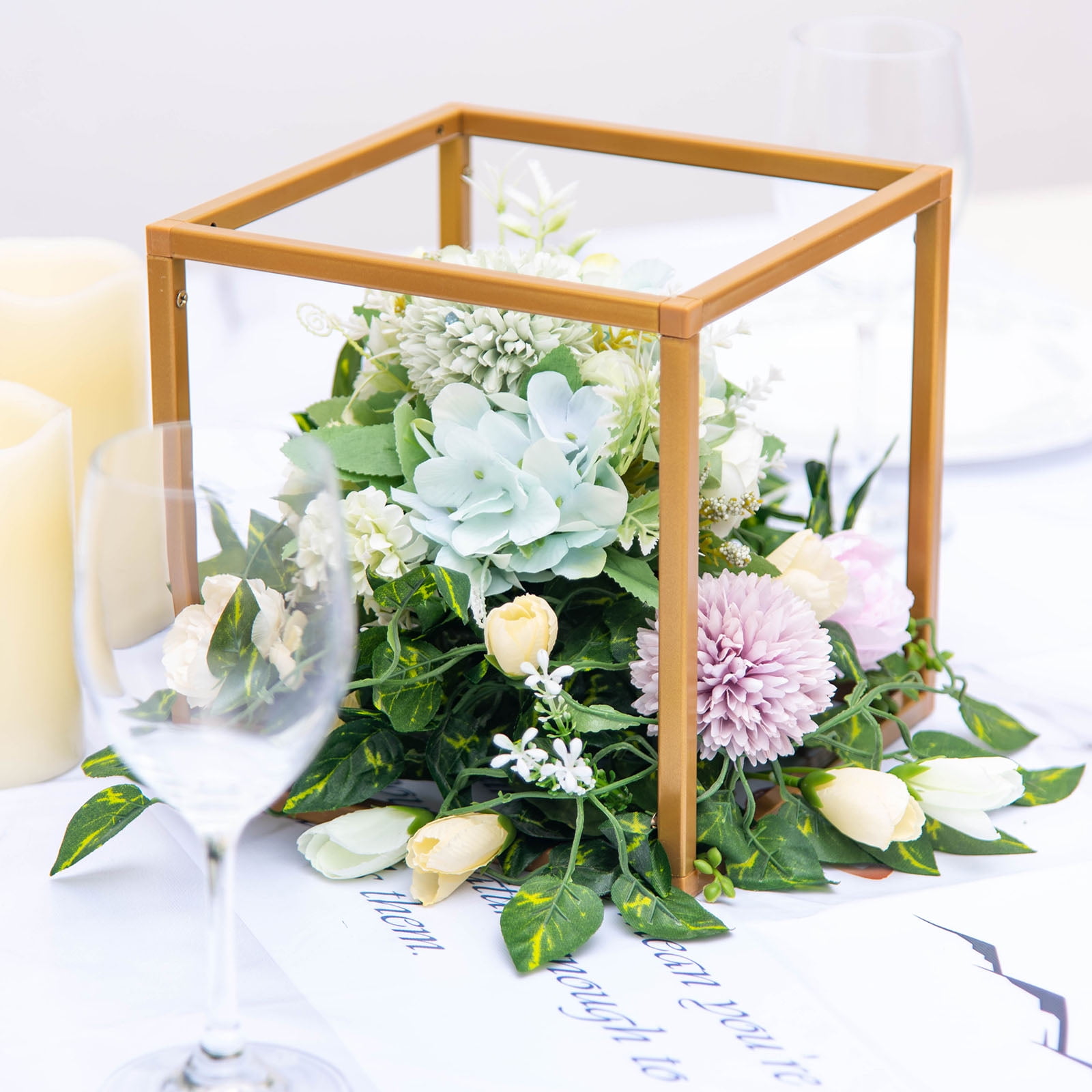 BalsaCircle 2 Pieces 8' Gold Matte Metal Geometric Square Stands Flower Vase Holders