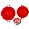 thumbnail image 1 of 2pc - Silicone Spill Stopper Pot Lid Cover - Boil Overflow Splash Safeguard Stopper For Bowls, Pots & Pans - Dishwasher Microwave Safe - Large Red + Regular Red, 1 of 5