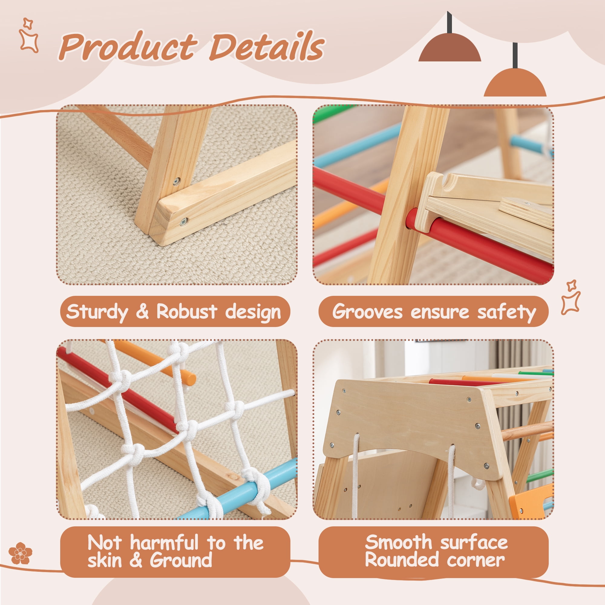 EUROCO 9-in-1 Wooden Jungle Gym for Toddlers, Indoor Montessori Climbing and Slide Set with Climbing Rock, Climbing Net, Swing, Gymnastics Rings