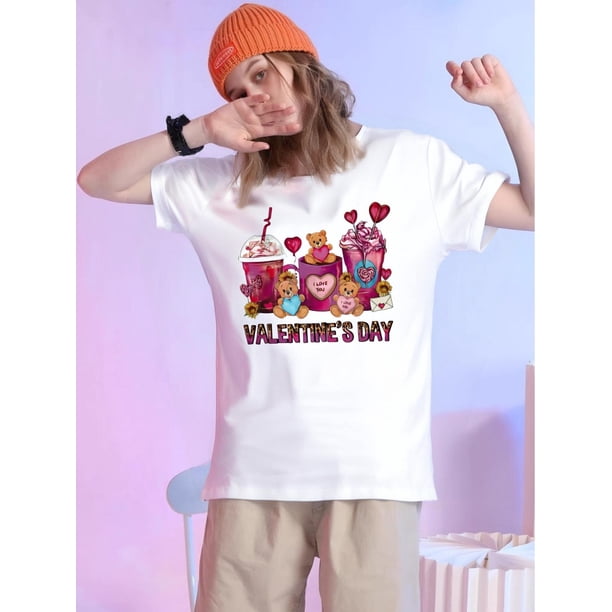 Valentine's Day Print T-shirt, Casual Short Sleeve Crew Neck Top For Spring & Summer, Women's ClothiCamisetas para mujer, lindas camisetas con estampado gráfico, de manga corta, estilo casual, para ve