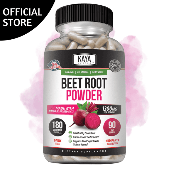 Kaya Naturals Premium Organic Beet Root Powder | Beet Root Extract, Athletic Performance Aids Healthy Circulation & Nitric Oxide Booster, Non-GMO & Gluten-Free, 1300mg Per Serving 180 Veggie Capsules