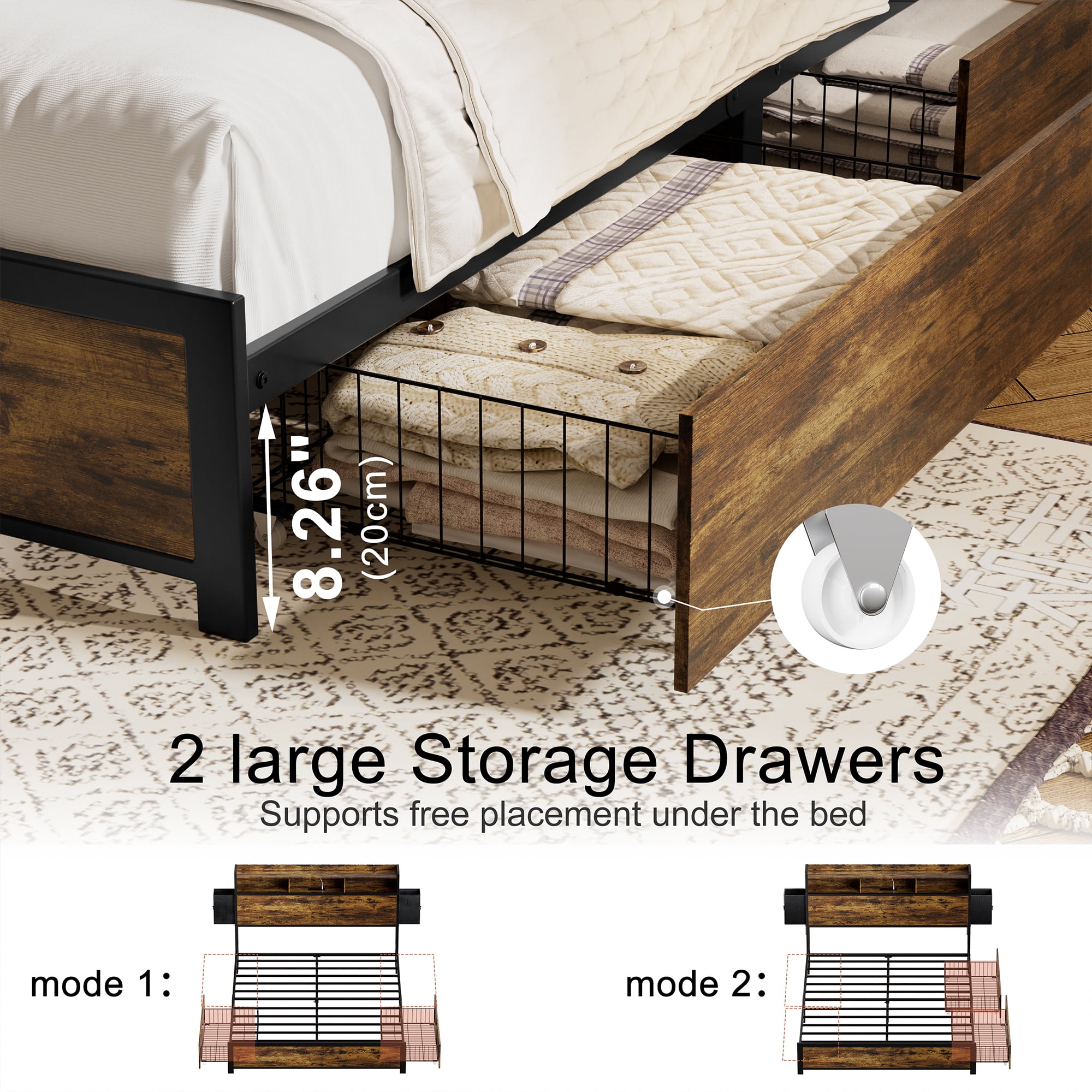 GUNAITO Full Bed Frame with 2 Drawers Headboard Platform LED Bed Frame with 2 Storage Drawers USB Ports & Outlets Rustic Brown
