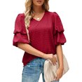 thumbnail image 1 of Woman Ruffle Short Sleeve Blouse V Neck Frill Puff Sleeve Plain Blouse Loose Fit Tops for Work Dating, 1 of 6