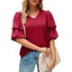 thumbnail image 1 of Blusa de manga corta con volantes para mujer, cuello en V, manga abombada, blusa lisa, Tops holgados para citas en el trabajo, rojo vino L, 1 of 6