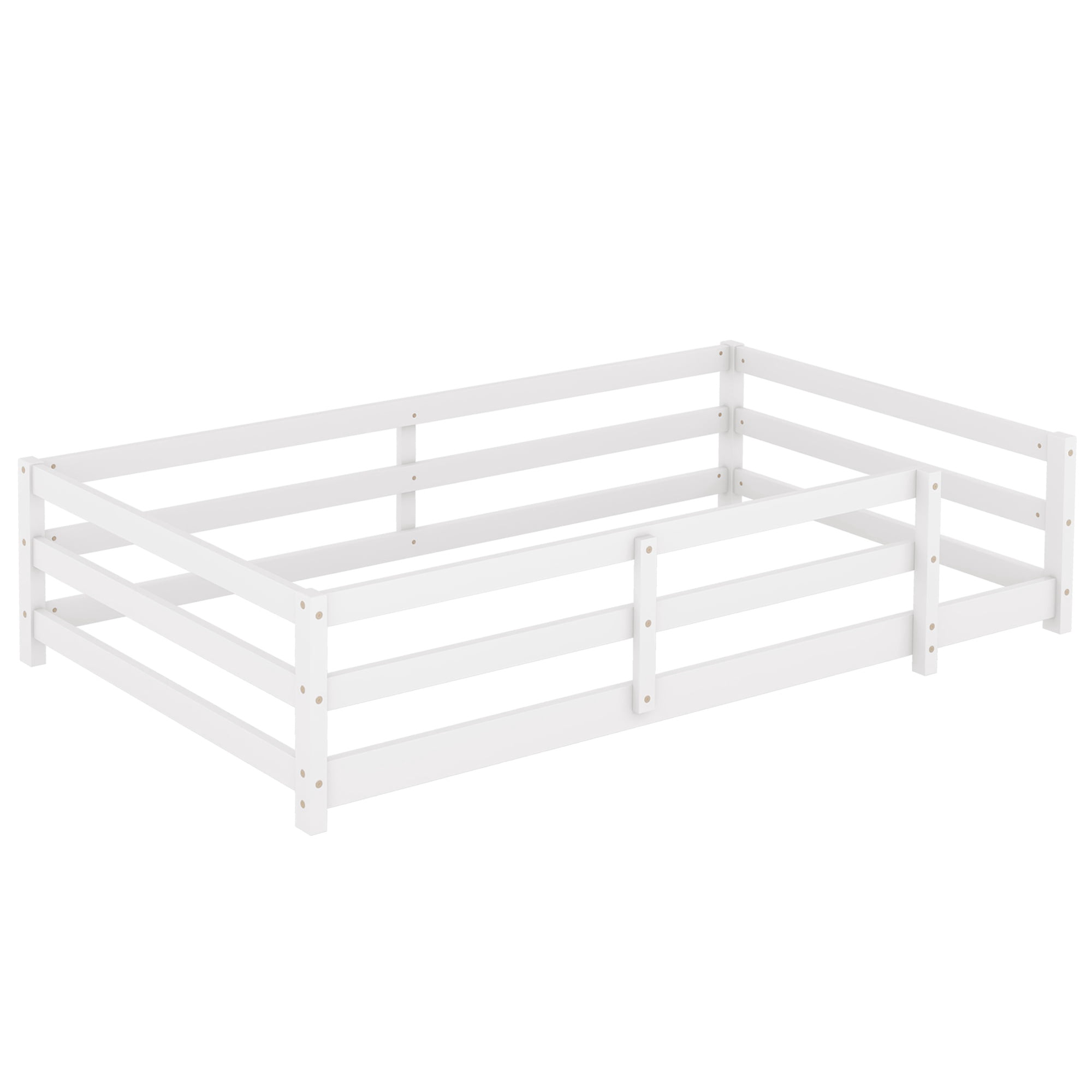 Sesslife Twin Size Floor Bed with Door and Fence, Wood Twin Floor Platform Bed with Slats, Toddler Bed for Kids Boys Girls, Montessori Bed, No Box Spring Needed, White