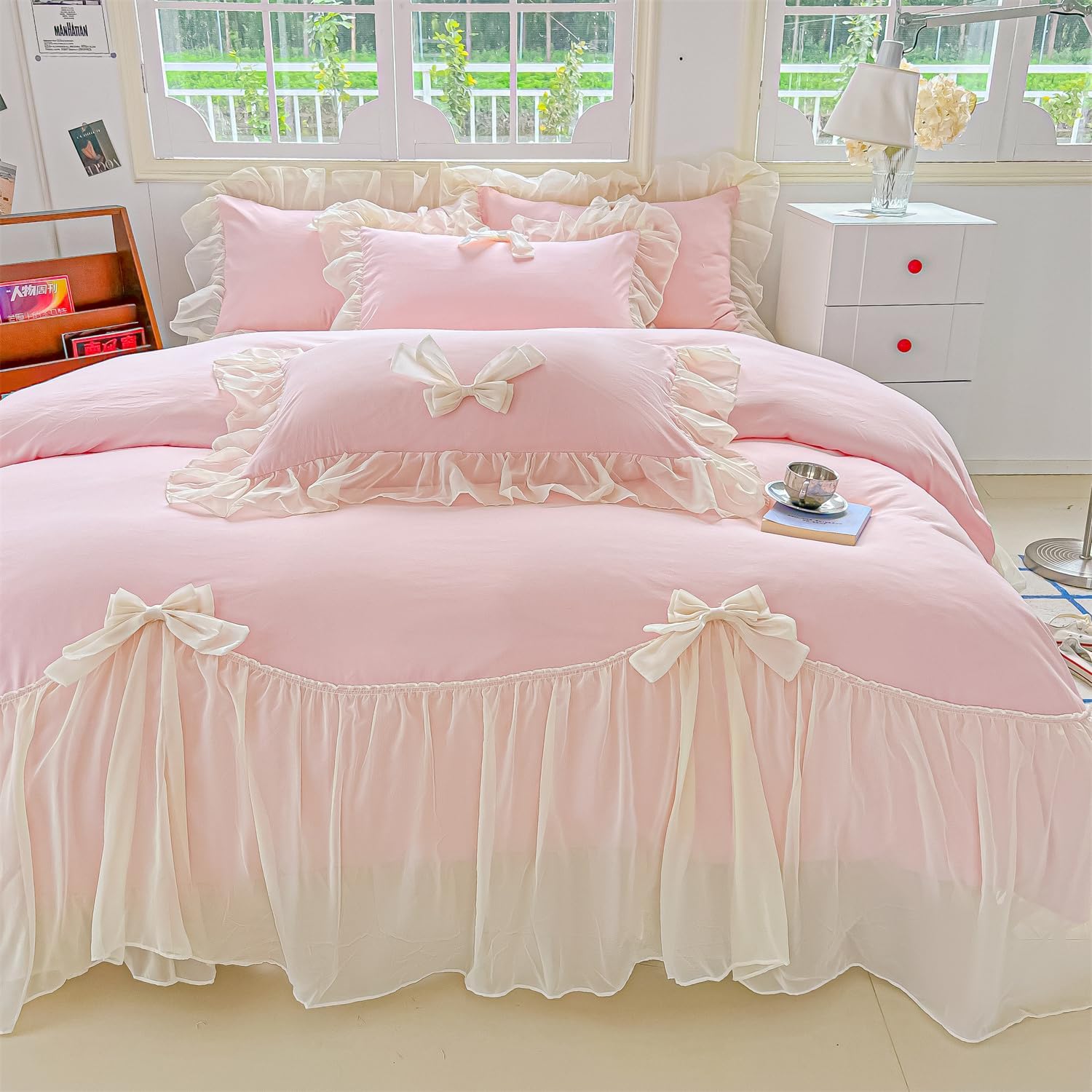 MOOWOO Ruffled Bedding Bow Duvet Cover Set with Butterfly Tie, Soft Brushed Microfiber Shabby Chic Bedding Set with Zipper Closure