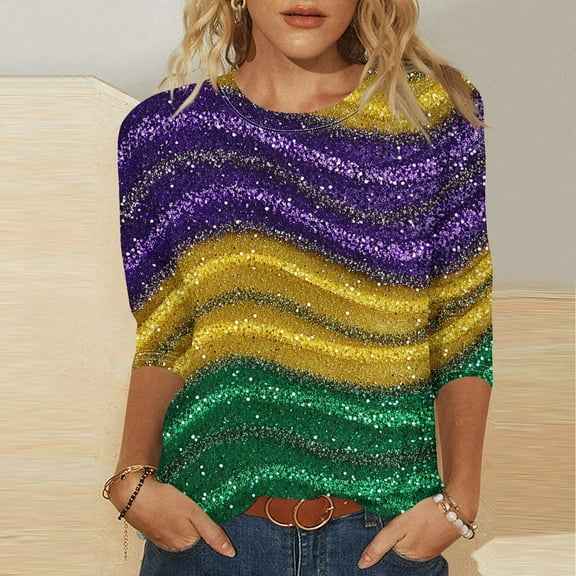 YOIAVAIOY Women Mardi Gras T Shirts Fashion Casual Crew Neck Tops Trendy Mask Print 3/4 Sleeve Blouses Purple L