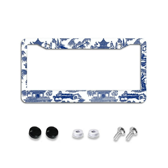 Blue Willow Chinoiserie Porcelain Inspiration-1 License Plate Frames for Women Men Car Plate Holder Cover Metal Tag Aluminum Car Accessories Front Rear Plate Decor