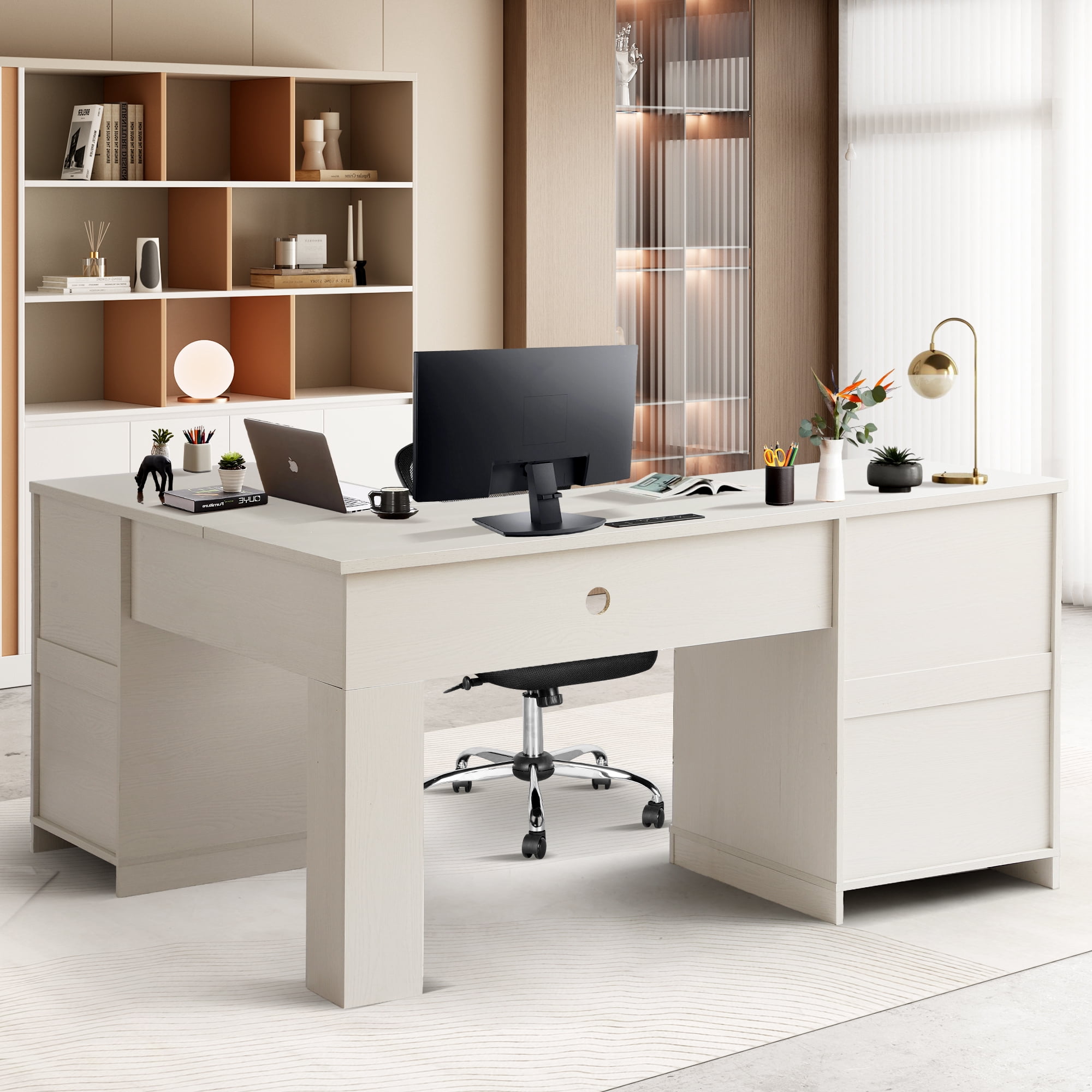 Haverchair 60" Executive L Shaped Desk with Drawers, Farmhouse Home Office Desk with Charging Station, Wood Corner Computer Desk with File Cabinet, Writing Computer Desk for Work and Study