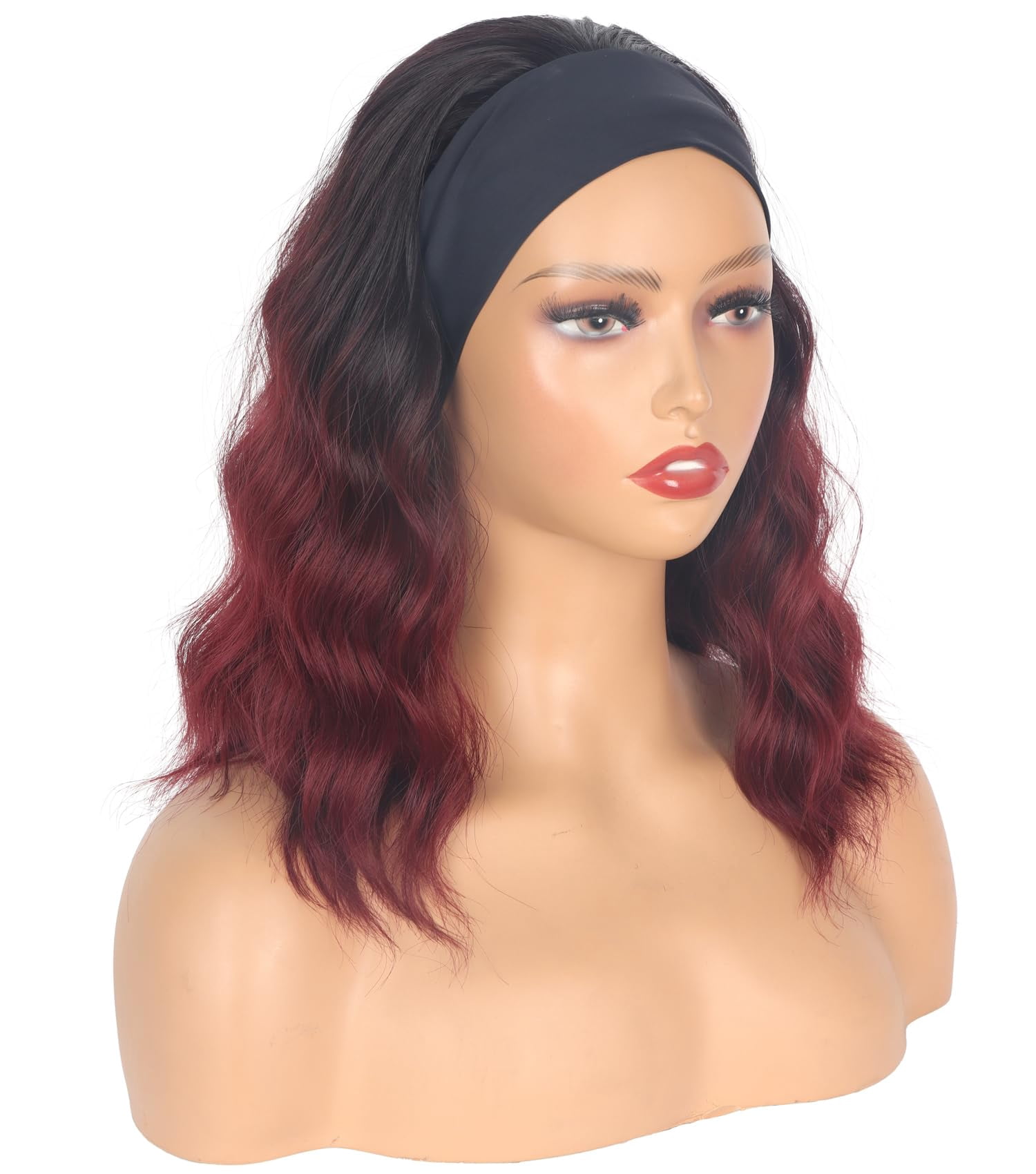 Black Headband Wigs With Brown Highlights For Women 14 Inch Wavy Heat Resistant Synthetic Soft Light Natural Looking Hair Replacement Wigs