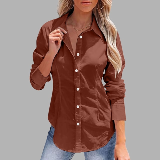 AherBiu Chemises en Lin pour Femmes à Boutons Manches Longues Col à Revers Hauts Travail Bureau Classique Décontracté Blouses Unies