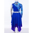 thumbnail image 4 of inlzdz Kids Girls Lyrical Praise Dance Dress Color Block Printed Worship Robe Metallic Irregular Blue 6, 4 of 7